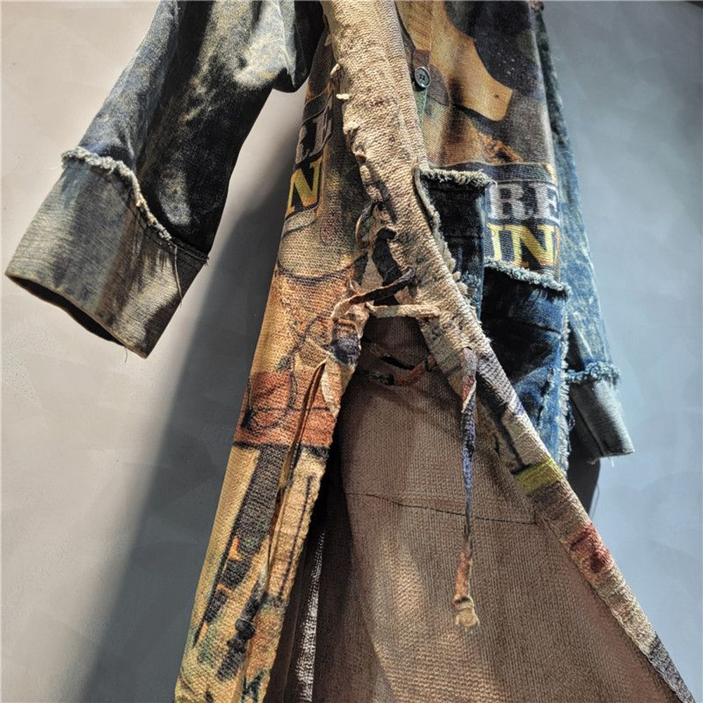 Fashionable And Versatile Colorful Printed Patchwork Denim Lapel Cardigan With Side Ties Midlength 3