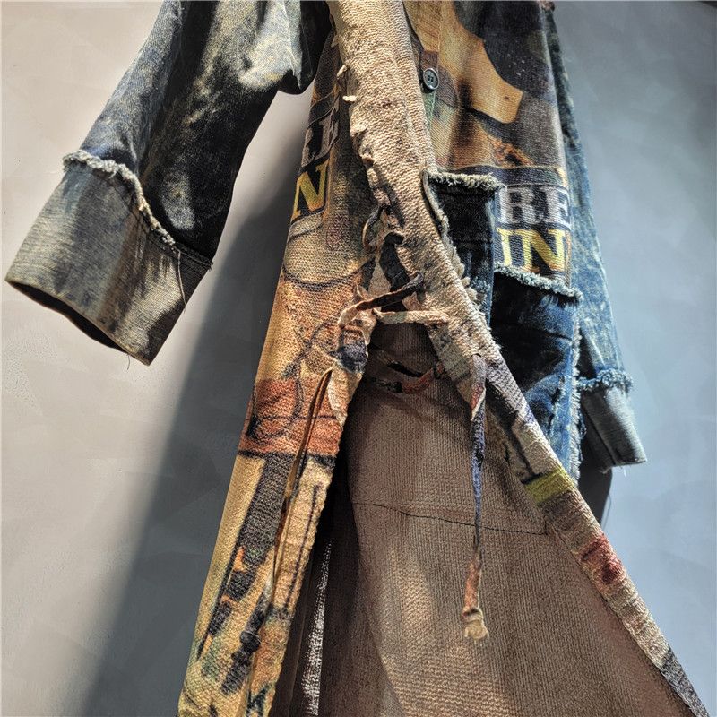 Fashionable And Versatile Colorful Printed Patchwork Denim Lapel Cardigan With Side Ties Midlength 3