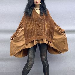 personalized twisted braided stitching ruffled large size loose bat sleeves v-neck long-sleeved sweater for women