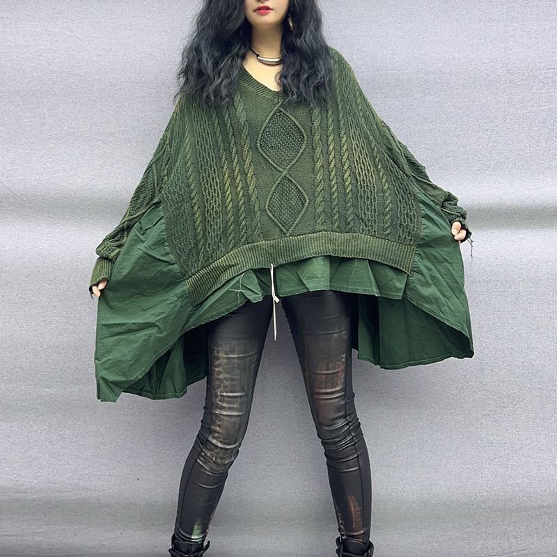 Personalized Twisted Braided Stitching Ruffled Large Size Loose Bat Sleeves Vneck Longsleeved Sweat 1
