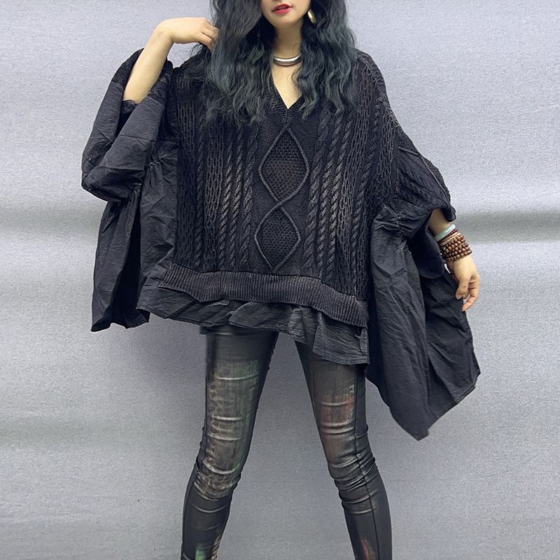 Personalized Twisted Braided Stitching Ruffled Large Size Loose Bat Sleeves Vneck Longsleeved Sweat 2