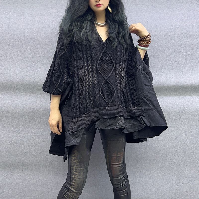 Personalized Twisted Braided Stitching Ruffled Large Size Loose Bat Sleeves Vneck Longsleeved Sweat 3