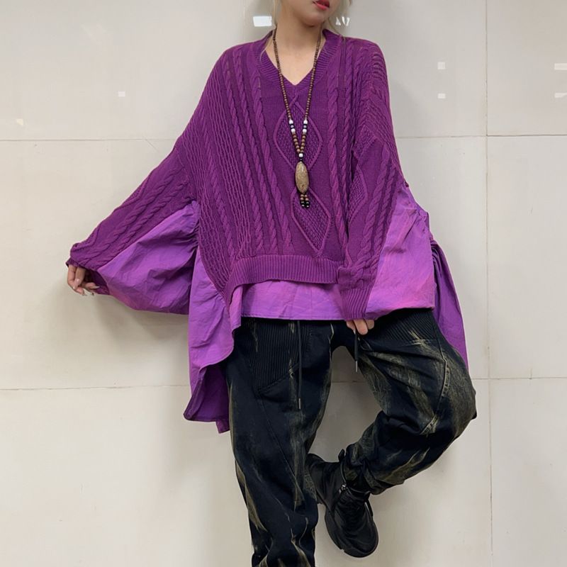 Personalized Twisted Braided Stitching Ruffled Large Size Loose Bat Sleeves Vneck Longsleeved Sweat 4