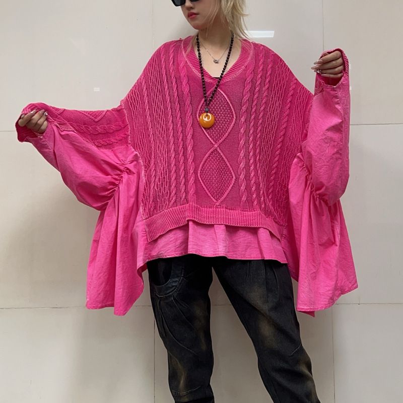 Personalized Twisted Braided Stitching Ruffled Large Size Loose Bat Sleeves Vneck Longsleeved Sweat 5