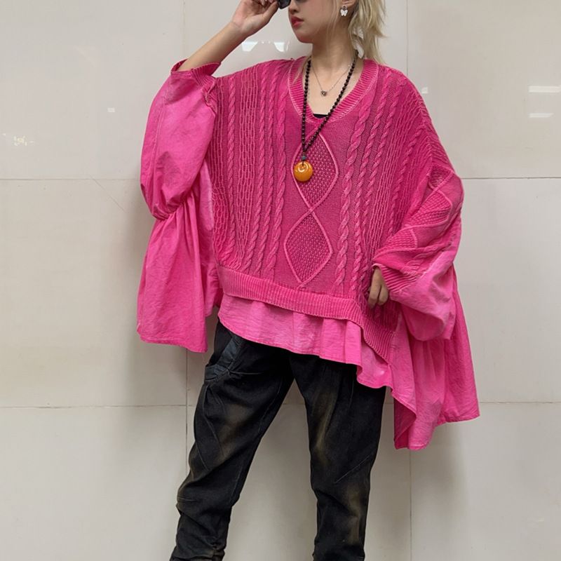 Personalized Twisted Braided Stitching Ruffled Large Size Loose Bat Sleeves Vneck Longsleeved Sweat 6