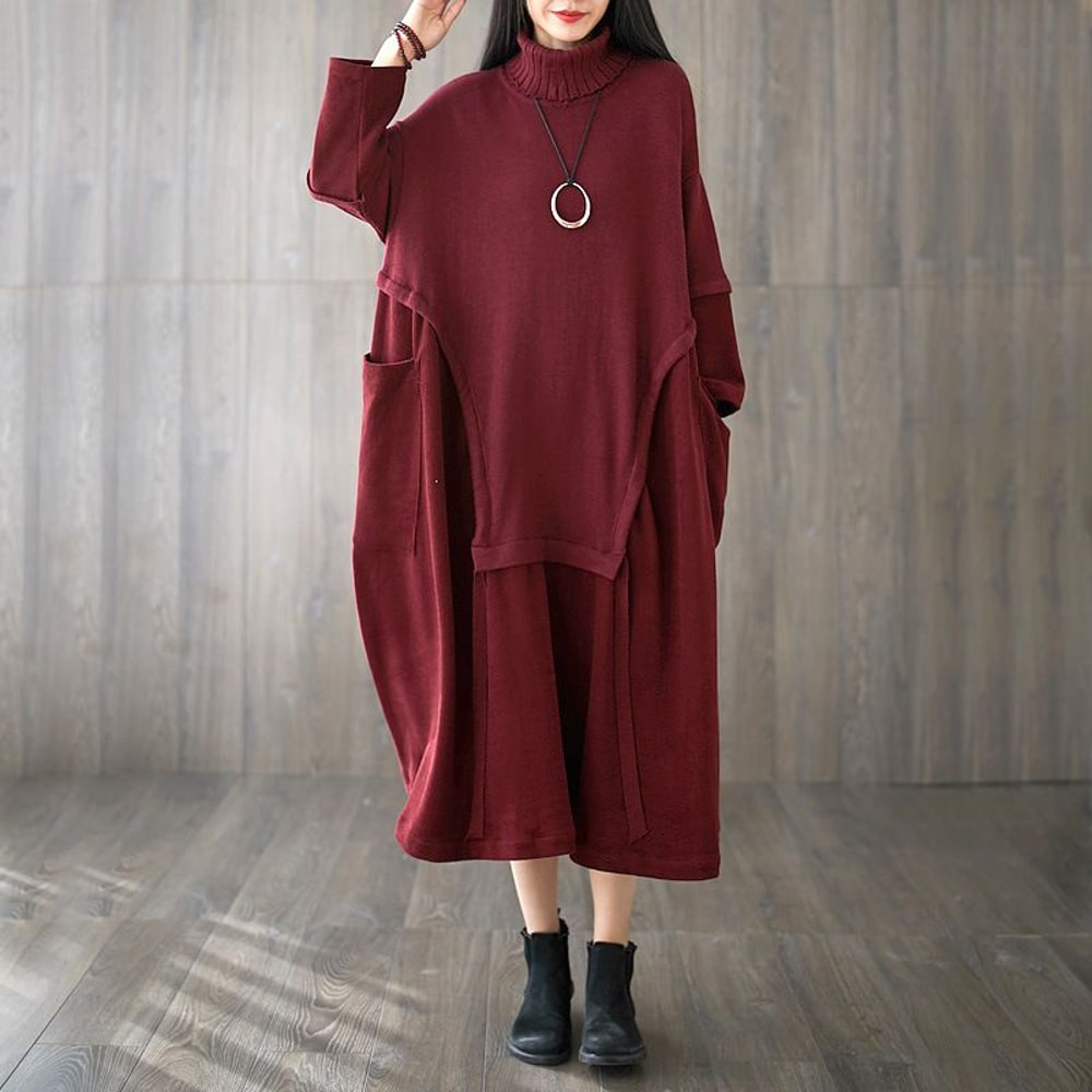 Spring And Autumn New Womens High Collar Splicing Loose Personality Large Size Sweater Dress 0