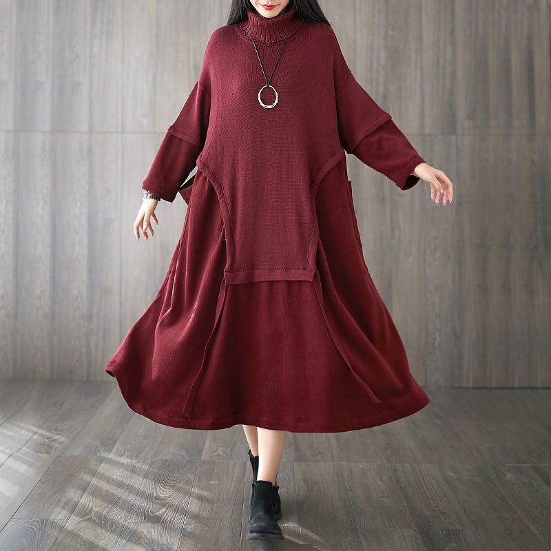 Spring And Autumn New Womens High Collar Splicing Loose Personality Large Size Sweater Dress 1