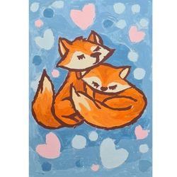 Wall Art Acrylic Painting on Cardboard Little Foxes