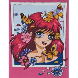 Wall Art Acrylic Painting on Cardboard Anime Girl with Flowers