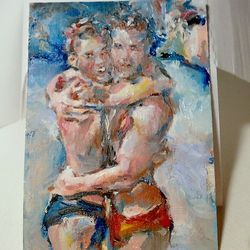 Original gay art, ACEO oil, sexy beauty boys kiss love, male torso armpits,embrace,great body aand look