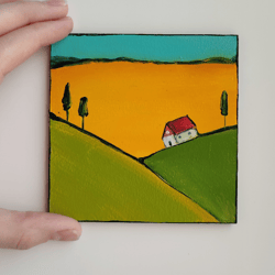 Oil painting "House in the field". A small picture on fiberboard. A bright picture. Mini art. Landscape oil painting.