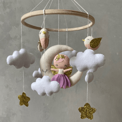 Fairy on the moon and birds nursery baby mobile girl. Musical crib mobile girl. Fairy nursery decor. Baby shower gift