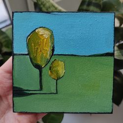 Oil painting "Two trees". A small picture on fiberboard. Mini oil painting. A bright picture. Scenery.