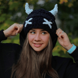 Original puffy fluffy cute hand knitted beanie hat with horns  kawai anime hat free shipping BLUE