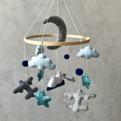 Handmade Baby Boy Mobile with Airplanes, Clouds, Stars, and Mountains - Blue and Gray Sky Themed Crib Mobile for Nursery