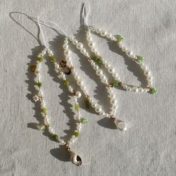 Chic Phone Charms: Pearl, Shell, and Green Stone Floral Phone Strap for Coastal girls, Stylish Phone Floral Bead Chain