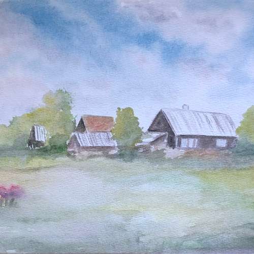 Summer village beautiful landscape modern wall art hand painted original watercolour painting