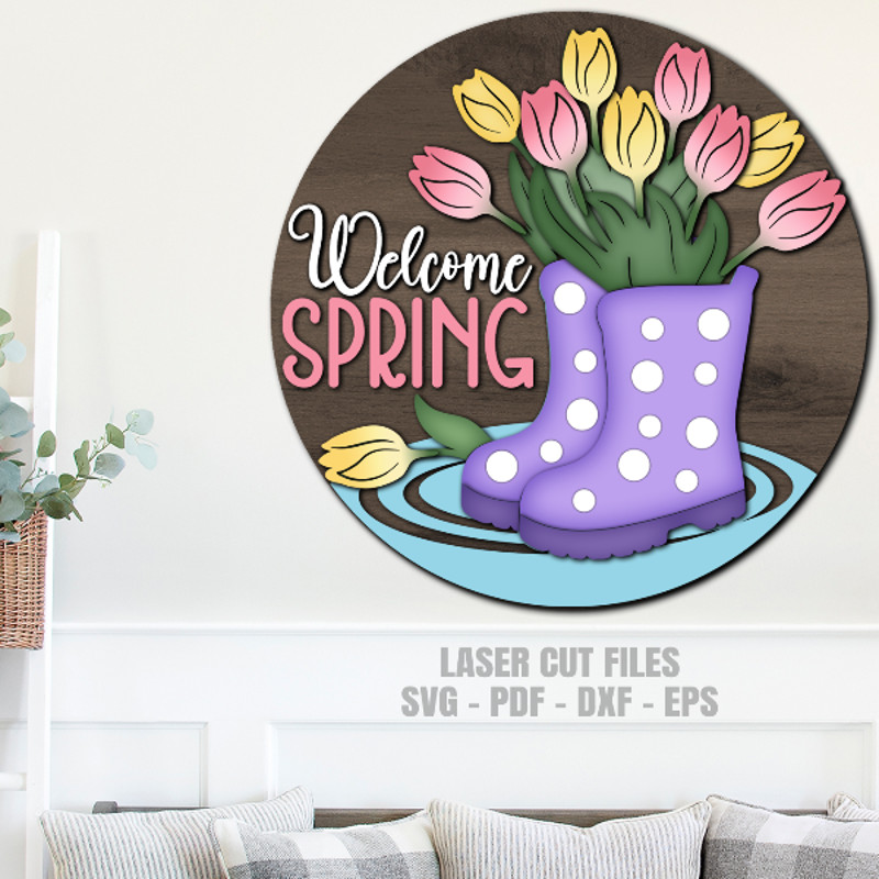 Spring Rain Boots Welcome Sign SVG - Laser Cut Files - Spring Door Hanger SVG - Rain Boots SVG - Glowforge Files