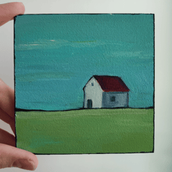 Oil painting "Lonely house". Landscape in oils. Miniature. Mini picture. Painting on fiberboard.