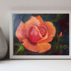 Oil painting orange yellow rose close up view on dark background exclusive artwork