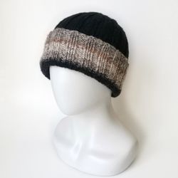 Warm Winter Hand-knitted Alpaca Wool Men's Beanie with Folded Brim. Handcrafted Men's Ribbed Beanie. Cuffed Beanie Hat.