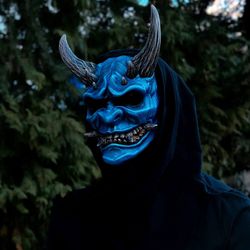 Blue Oni Mask wearable, Wall Decor Horror Oni mask, Kabuki mask, Blue Demon mask, Scary Hannya mask wear