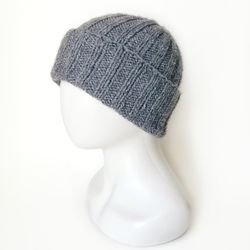 Handmade Grey Men's Beanie with Cuff - Luxuriously Warm Merino-Alpaca Blend Knit Hat, Handcrafted Warm Winter Wool Cap.
