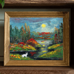 Oil painting white rabbit at the night black lake deep in the forest under the moon light impasto exclusive artwork
