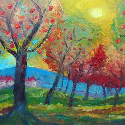 Oil painting impasto - autumn apple garden - red abundance stylized colorful palette knife exclusive artwork