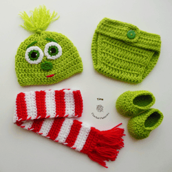 CROCHET PATTERN - Grinch Hat, Diaper Cover, Scarf and Shoes Set | Baby Photo Prop | Crochet Halloween Costume
