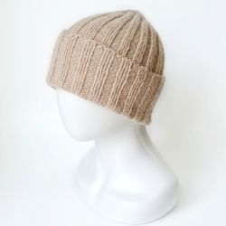 Beige Cashmere Men's Winter Beanie: Handcrafted Seamless Knit, Fold-Up Cuff, Handmade Warmth and Style in Every Stitch.