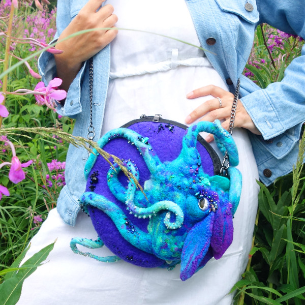 Octopus tentacle art felted handbag violet circle bead embroidery.jpg