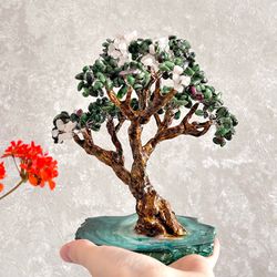 Ruby Zoisite and Rose Quartz Bonsai Tree | Handcrafted Wire Sculpture - Zen Home Decoration