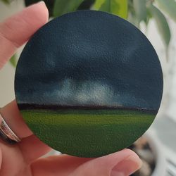 Round oil painting "Rainy Day". Mini painting. Diameter 7 cm (2.7 inches). Painting on fiberboard.