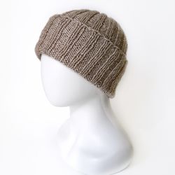 Hand-Knit Ribbed Brown Men's Beanie: Merino Wool & Acrylic Blend, Cozy Cuffed Hat, Unique Handcrafted Design for Warmth.