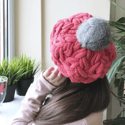 Cable knit fluffy beret, women and children hat, PDF knitting pattern