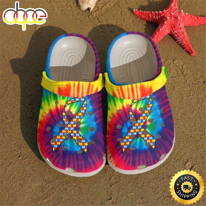 Autism Awareness Ribbon Tie Dye Color Crocs Crocband Clog Shoes.jpg