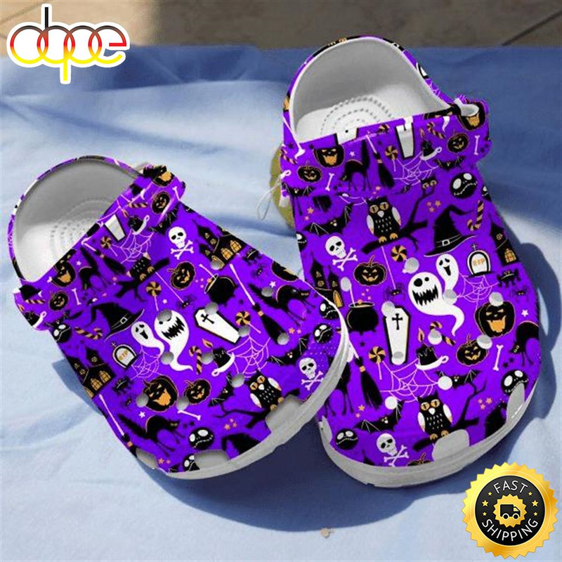 Bat Owls And Cauldron Purple Slippers Clogs Gift Halloween Lover Rubber Clog Shoes Comfy Footwear.jpg