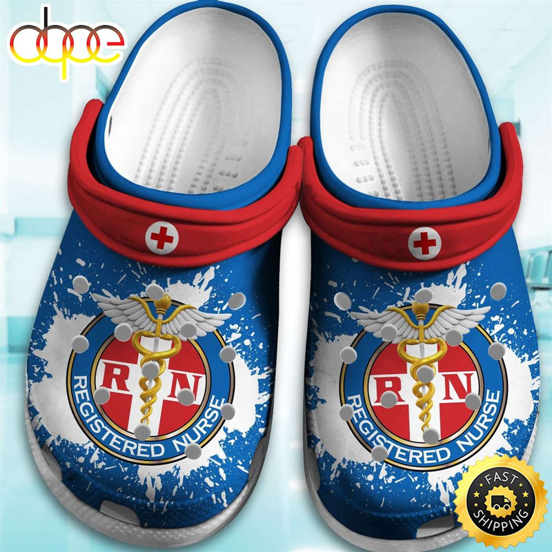 Blue And Red RN Nurse Crocs Crocband Clog Shoes.jpg