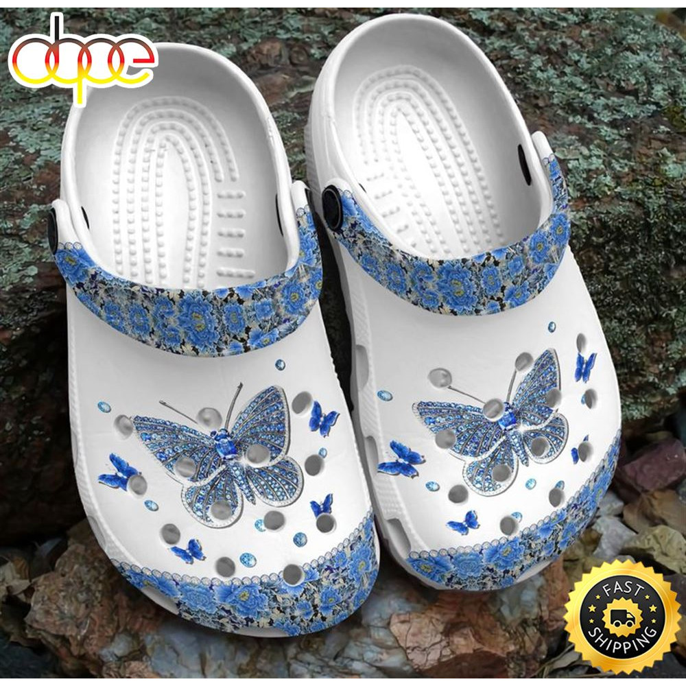 Blue Bling Butterfly Blue Flowers Croc Butterfly Lovers Daughter Mother Girlfriend Crocs Clog Shoes.jpg