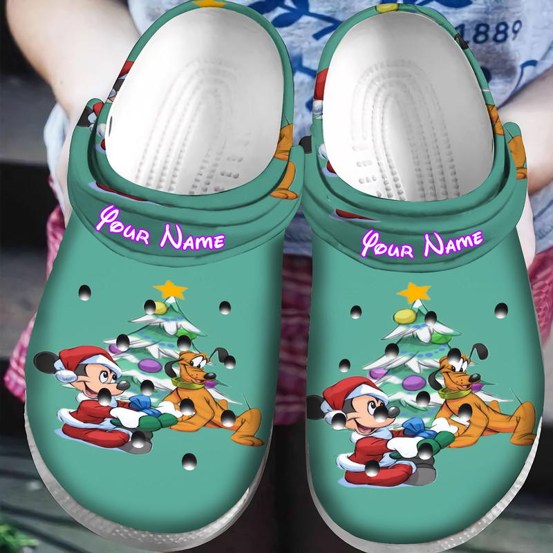 Disney Mickey Mouse Christmas Mickey And Pluto Blue Personalized Name Clogs Shoes Comfortabl.jpg