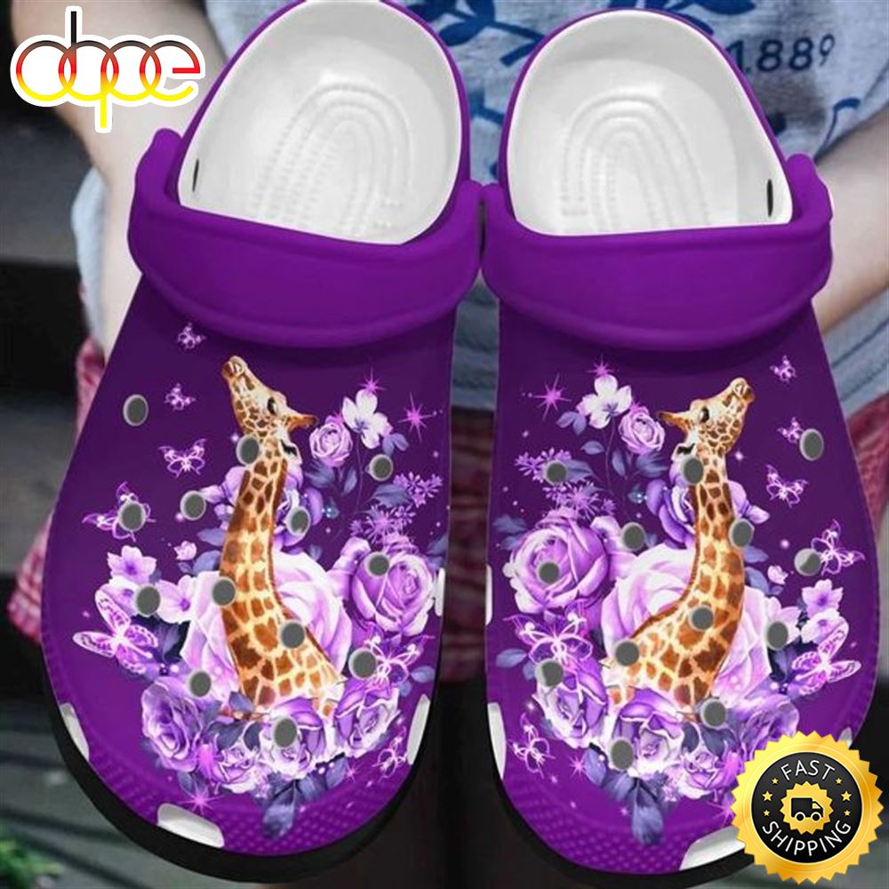 Giraffe Purple Roses Butterfliess Mother's Day Gift For Giraffe Lovers Crocs Clog Shoes.jpg