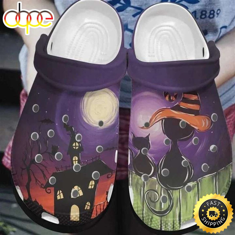 Halloween Black Cat Night Crocband Clogs Shoes.jpg
