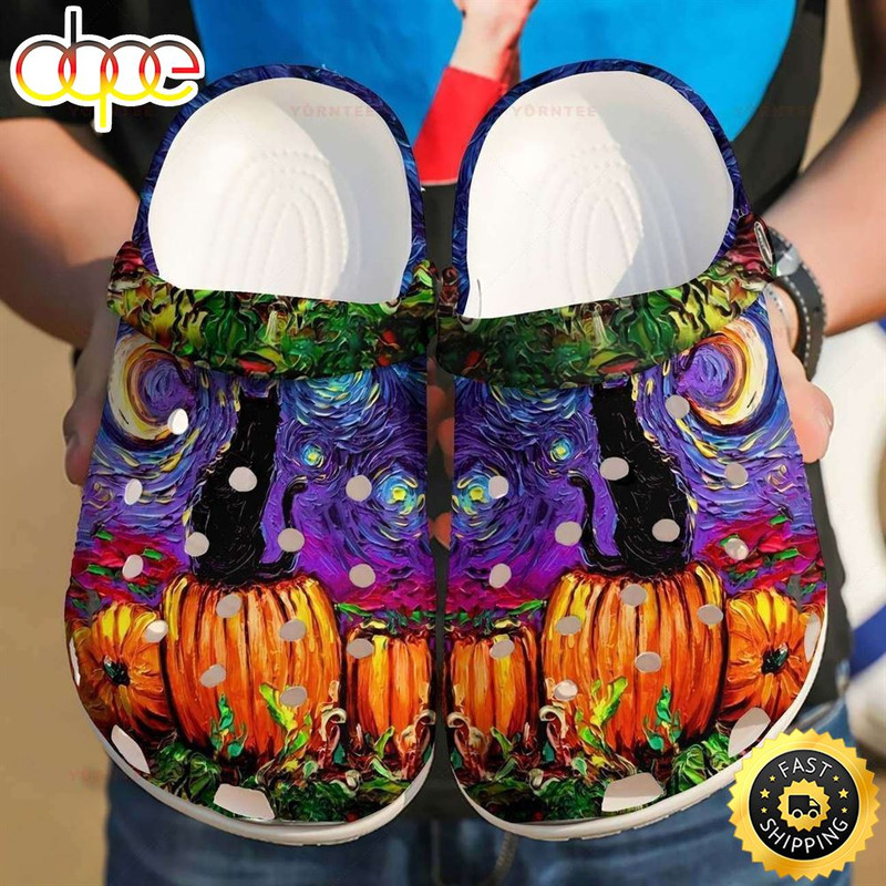 Halloween Black Cat Van Gogh Crocband Clogs.jpg