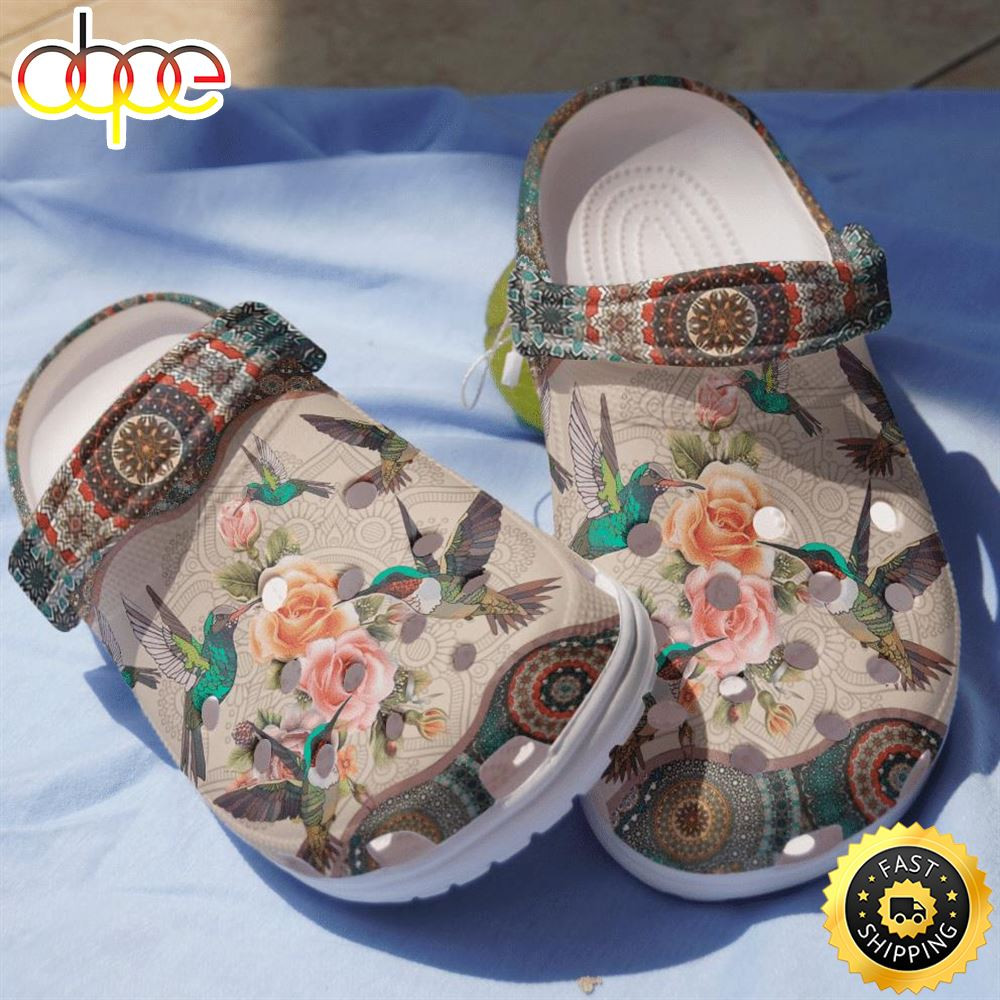 Hippie Girl Floral Bird Crocs Clogs Birthday Gift.jpg