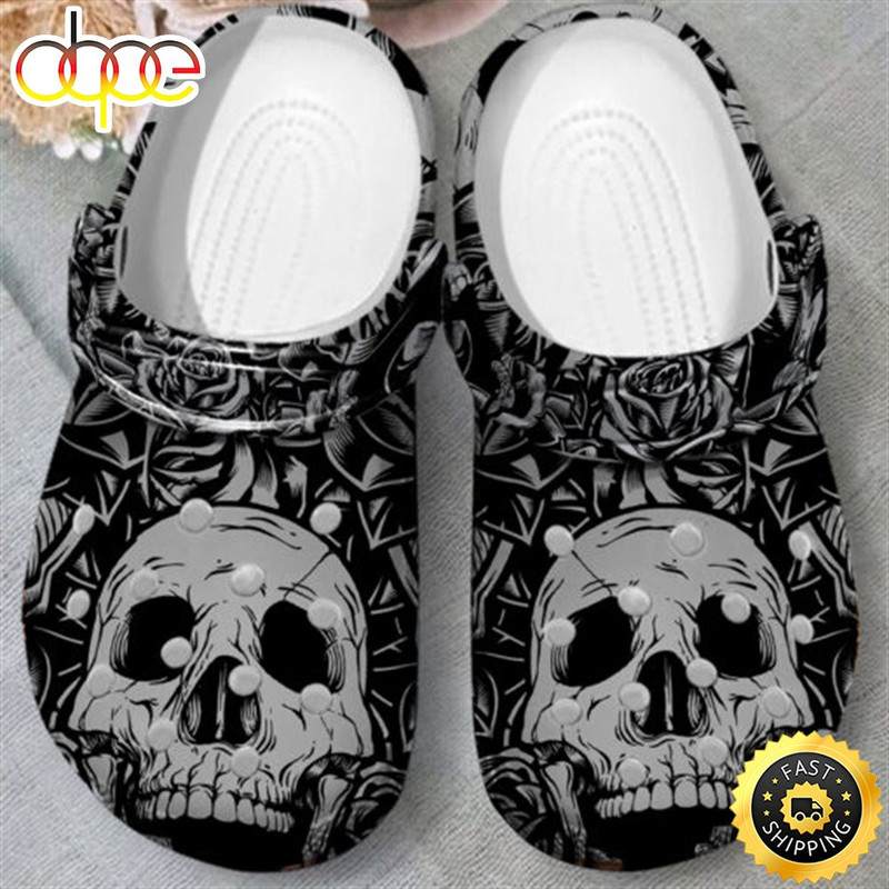 Skull and Rose Black Skull Crocs Shoes.jpg