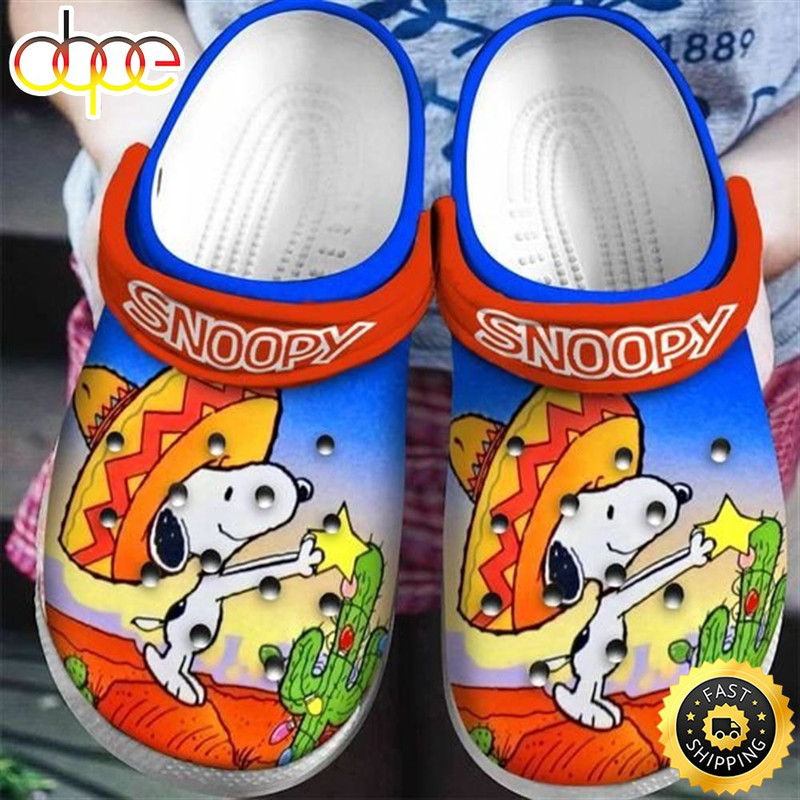 Snoopy Leaf &amp Star Pattern Crocs Classic Clogs Shoes In Red &amp Blue.jpg