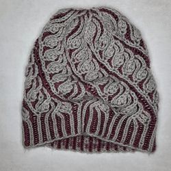 Women's beanie woolen double-sided, two-tone, with an interesting handmade pattern for spring and autumn in stock