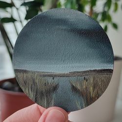 Round oil painting "Silence". Mini painting. Diameter 7 cm (2.7 inches). Miniature painting. Fiberboard.