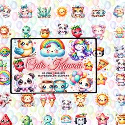 kawaii characters Clipart,Cute Kawaii Watercolor Clipart bundle